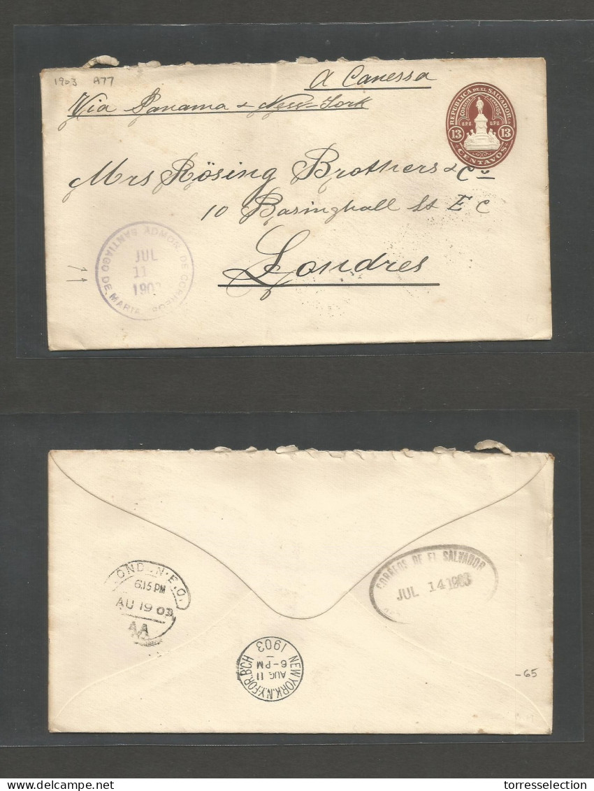 SALVADOR, EL. 1903 (11 July) Santiago De Maria - UK, London (19 Aug) Via NY (Aug 11) 13c Brown Stationary Envelope. S. S - El Salvador