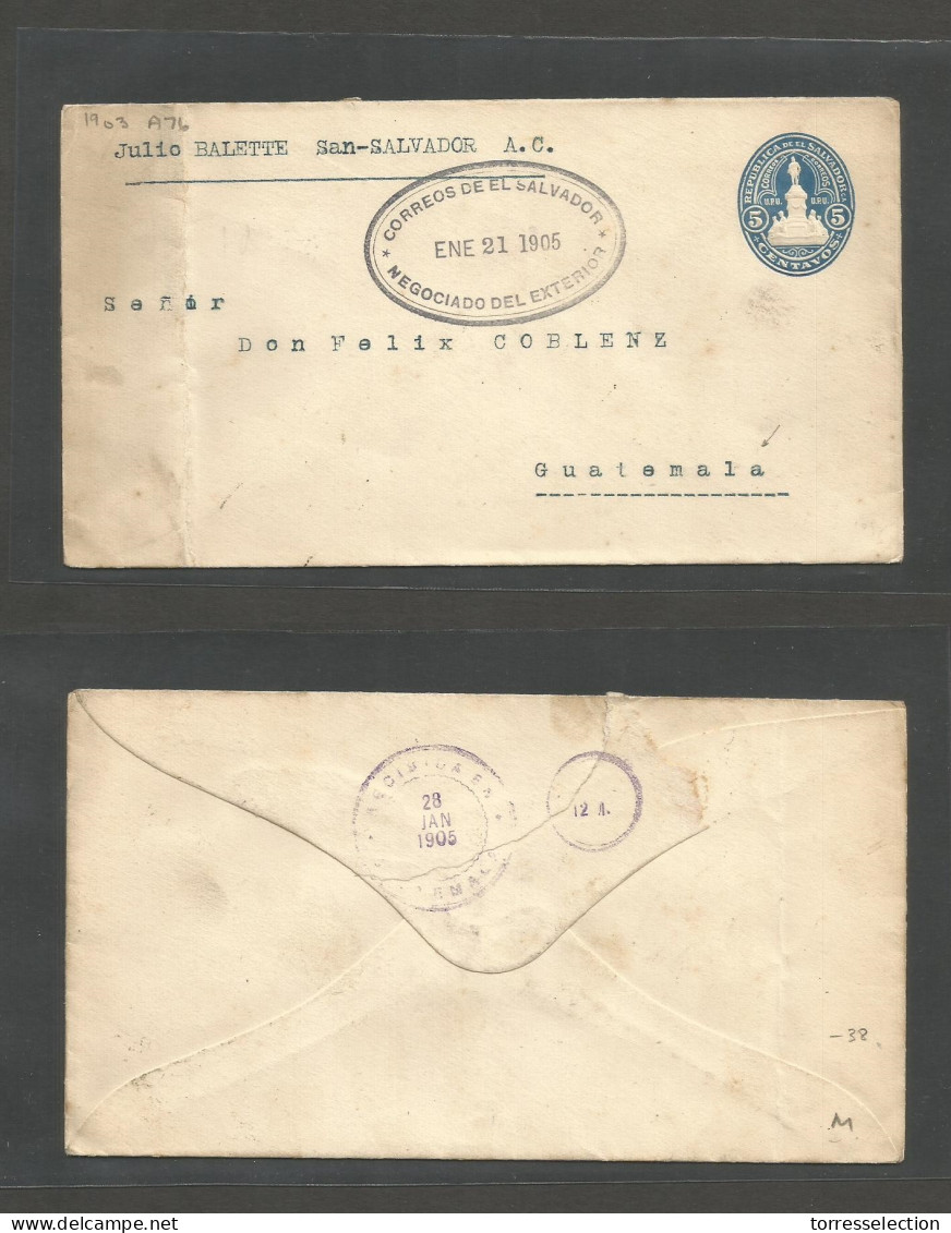 SALVADOR, EL. 1905 (Ene 21) S. Salvador - Guatemala (28 Enero) 5c Blue Stationary Envelope. Very Rare Used + Inter Centr - El Salvador
