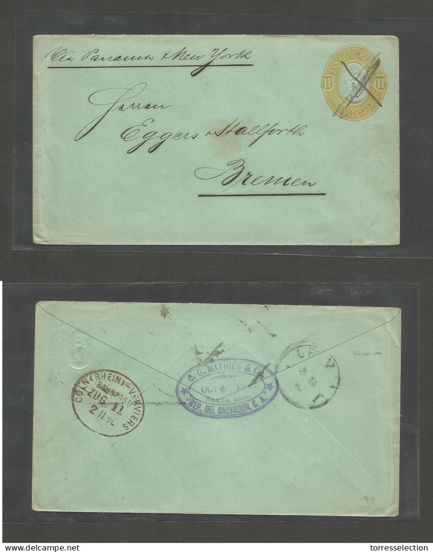 SALVADOR, EL. 1890 (4 Oct) Santa Ana - Germany, Bremen (2 Nov) 11 Cents Yellow / Greenish Stationary Envelope. A Very Ra - El Salvador