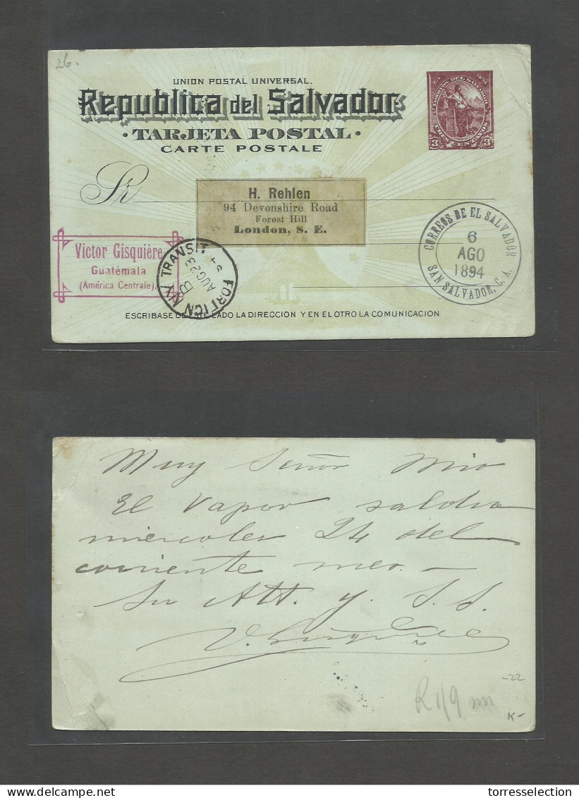 SALVADOR, EL. 1894 (6 Ago) S. Salvador - London, UK. Via NYC (Aug 23) 3c Violet Stationary Card. Fine Used Addressee Gua - El Salvador