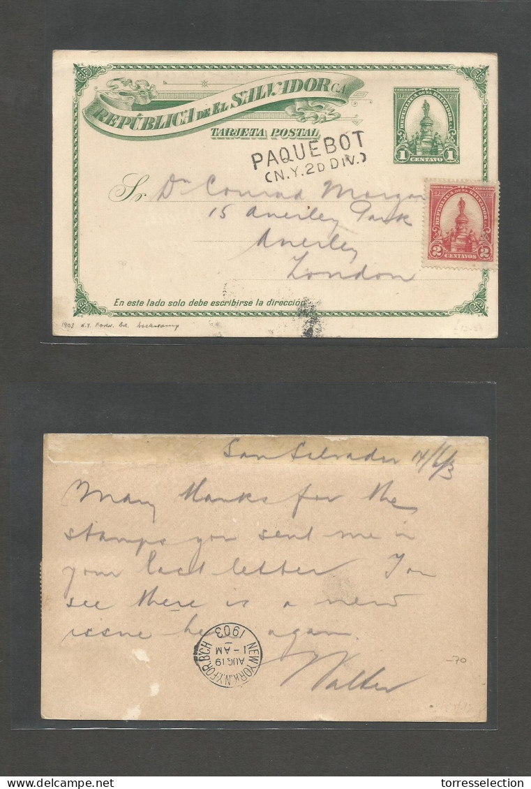 SALVADOR, EL. 1903 (14 June) S. Salvador - London, UK. 1c Green + 2c Red Adtl Stat Card, Doble Line "PAQUEBOT / NY 2d DI - El Salvador