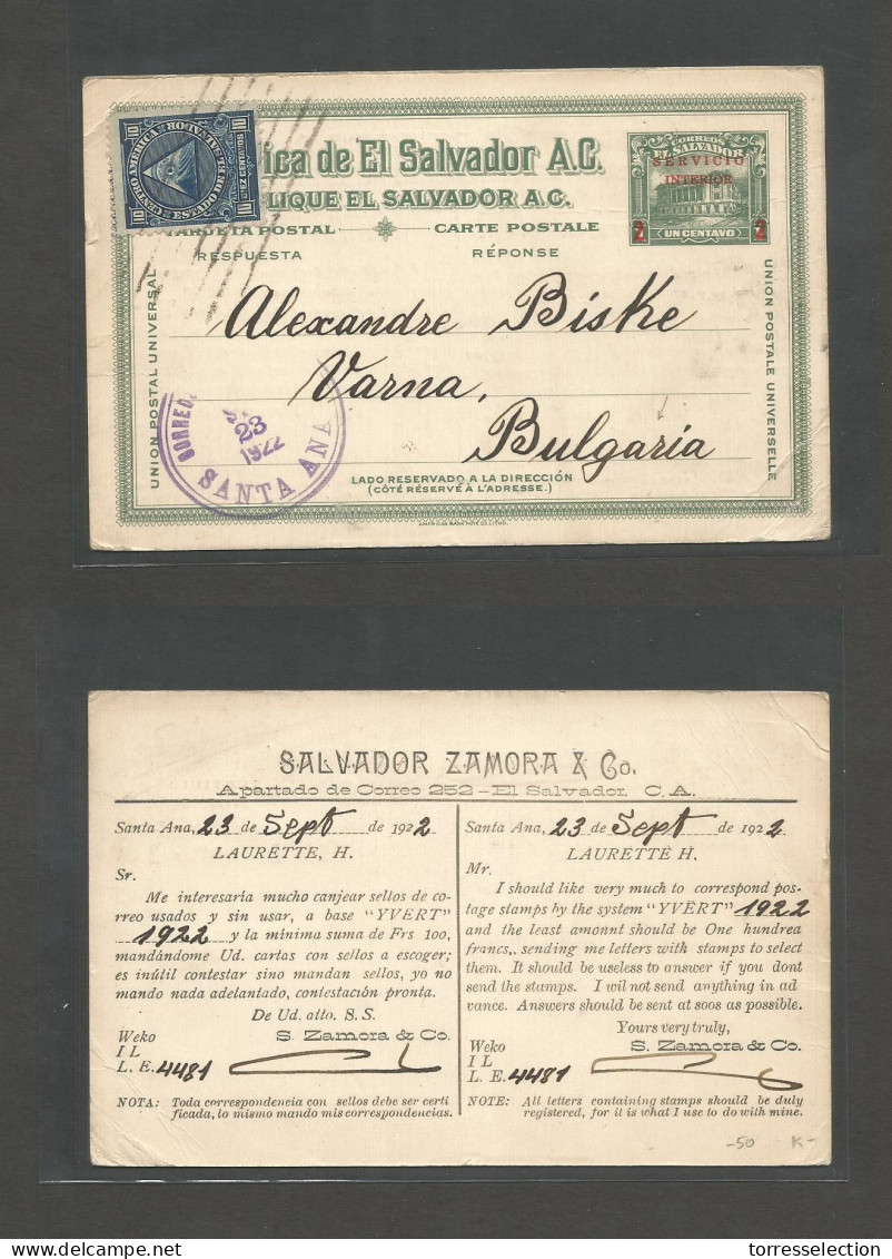 SALVADOR, EL. 1922 (23 Sept) REPLY HALF STAT CARD. Servicio Interior Ovptd + 10c Adtl Sta Ana - Bulgaria, Varna. Fine Us - El Salvador