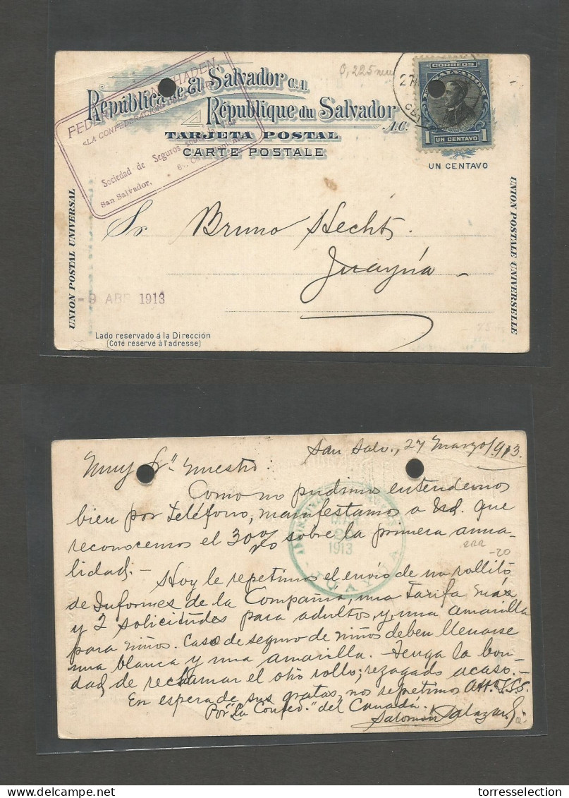 SALVADOR, EL. 1913 (27 March) S. Salvador - Juayua. 1c Blue Stat Card + Adtl Stamp On Top, Punch Hole. Most Unusual Inva - El Salvador