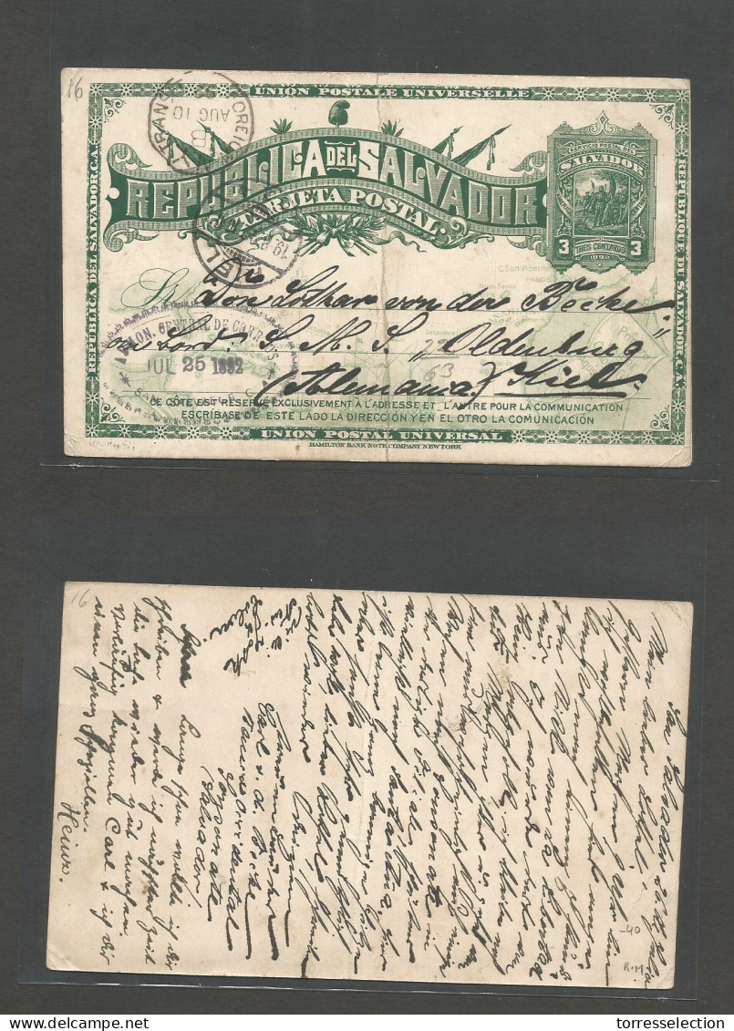 SALVADOR, EL. 1892 (25 - 26 July) S. Salvador - Germany, Kiel. (19 Aug) 3 Centavos Green Stationary Card. Colon Issue. V - El Salvador
