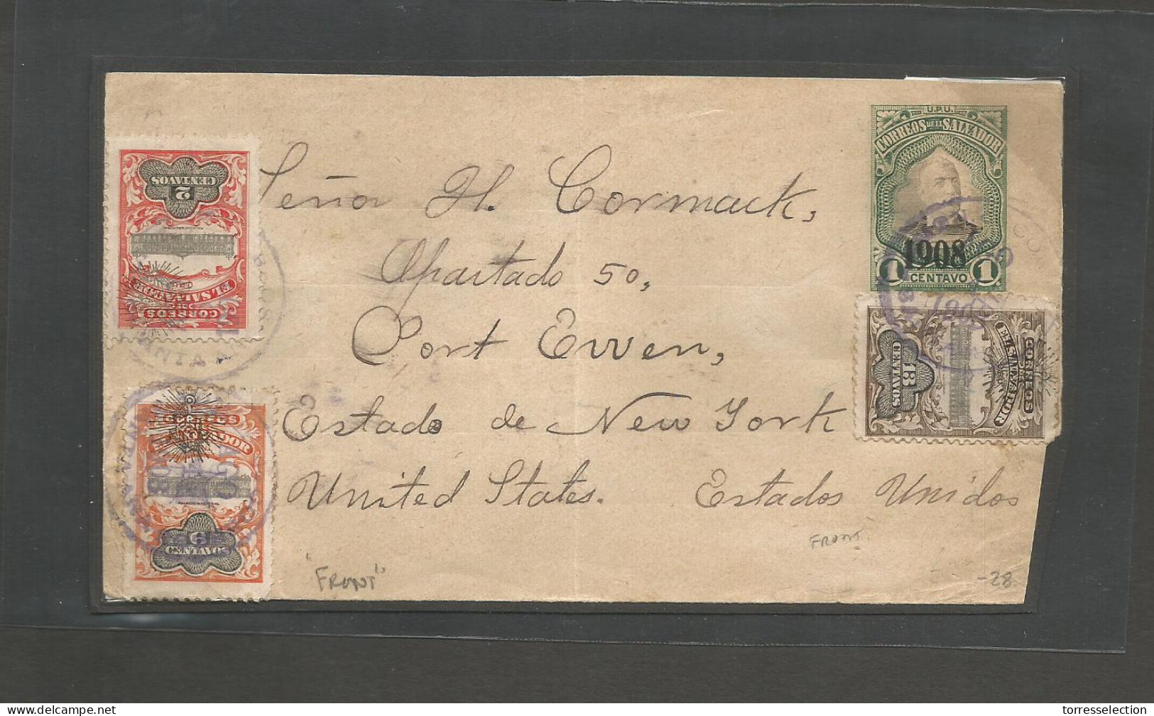 SALVADOR, EL. 1908. S. Salvador - USA, Port Even, NY. 1c Green 1908 Ovptd Stationery Envelope Front Only + 3 Adtls. A Ve - El Salvador