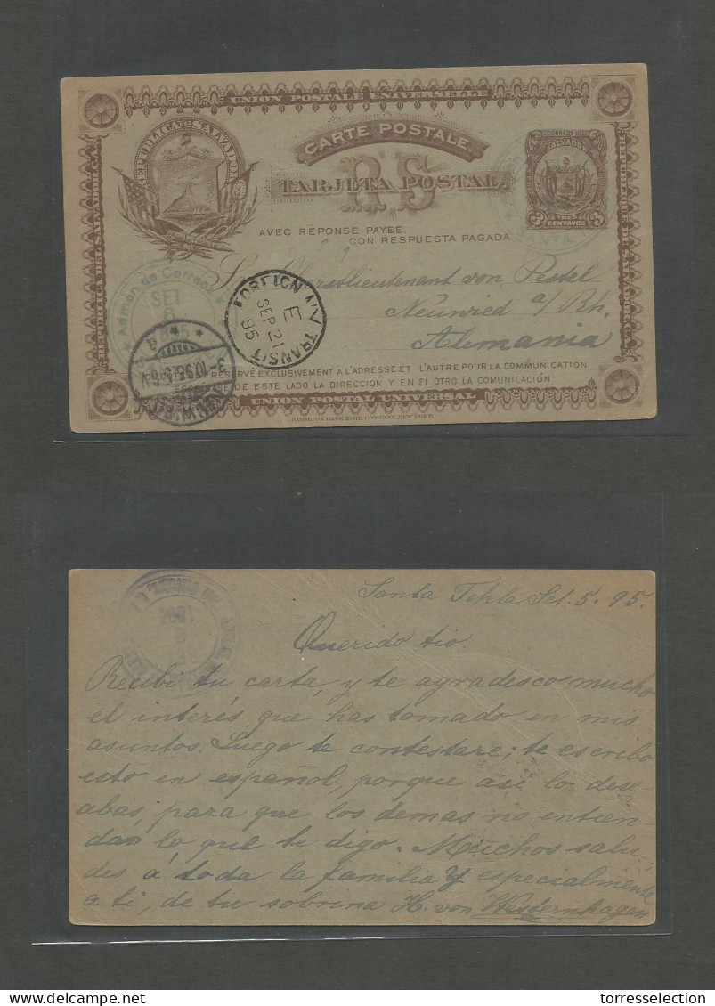 SALVADOR, EL. 1895 (5 Sept) Santa Teda - Germany, Neuwied (3 Oct) 3c Brown Early Stat Card. Via NYC (21 Sept) Fine And S - El Salvador