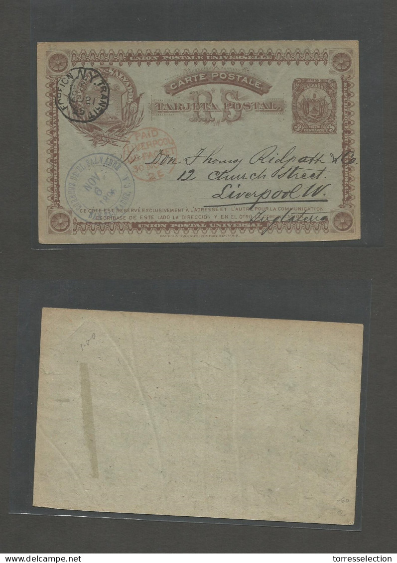 SALVADOR, EL. 1895 (Nov 6) S. Salvador - UK, Liverpool (30 Nov) 3c Brown Stationary Card. Via NY (Nov 21) And "Liverpool - Salvador