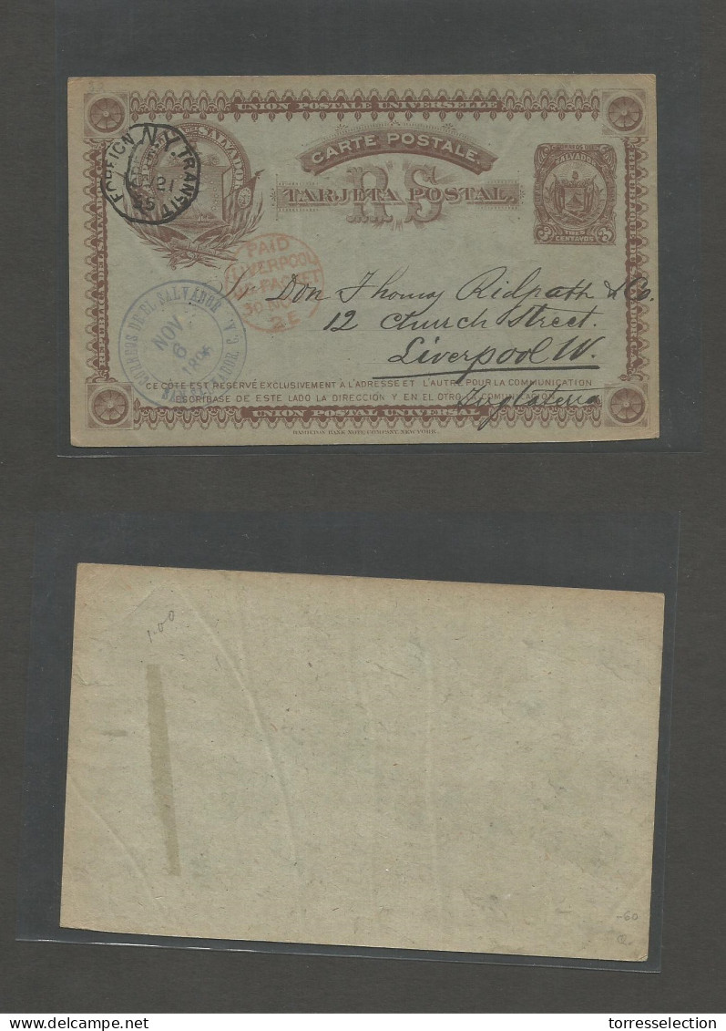 SALVADOR, EL. 1895 (Nov 6) S. Salvador - UK, Liverpool (30 Nov) 3c Brown Stationary Card. Via NY (Nov 21) And "Liverpool - El Salvador