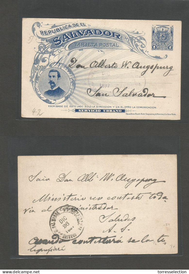 SALVADOR, EL. 1897 (Dic 23) Puerto El Triunfo - San Salvador (Dic 26) 1c Blue Stat Card. Fine Used And Very Scarce Origi - El Salvador