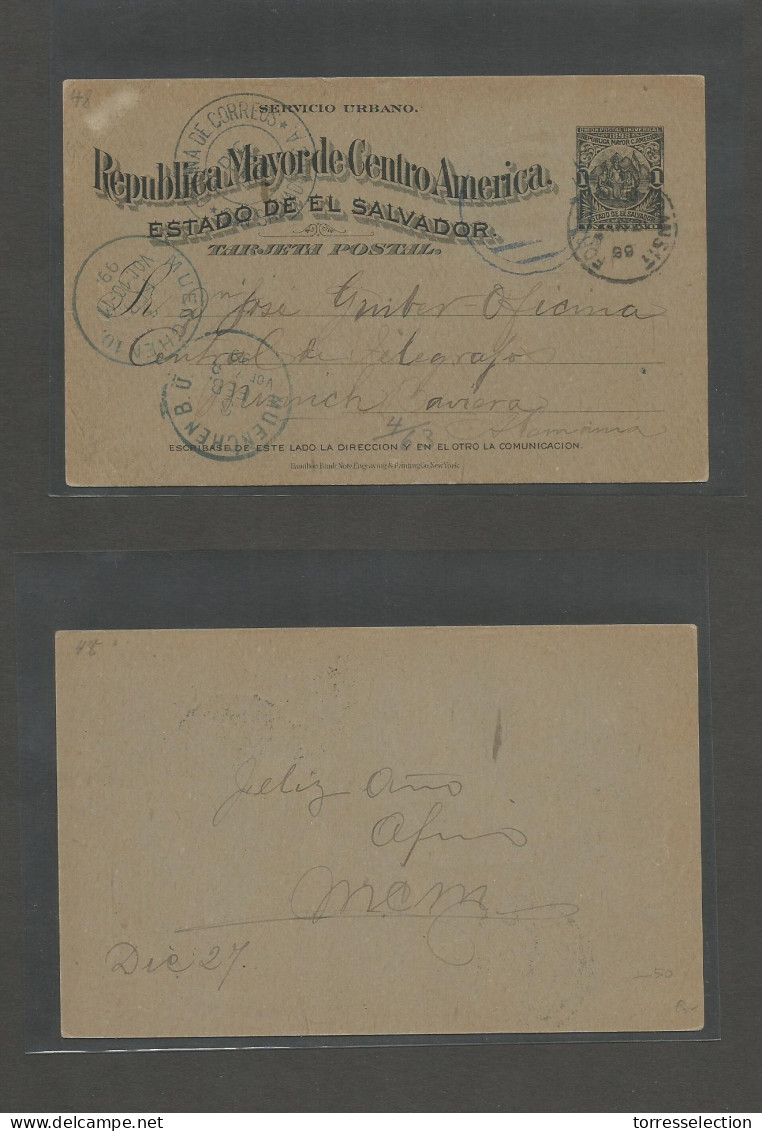 SALVADOR, EL. 1898 (27 Dic) GPO - Germany, Munich (3 Feb 1899) 1c Blackblue / Greish Stationary Card. Scarce Used. - El Salvador