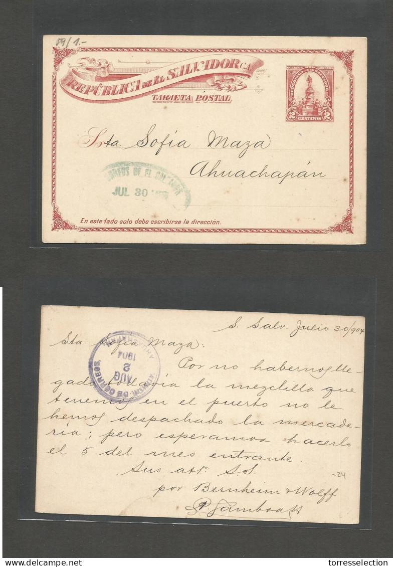 SALVADOR, EL. 1904 (30 July) S. Salvador - Ahuachapan (2 Ago) 2c Red Internal Stationary Card. Fine Used. - El Salvador