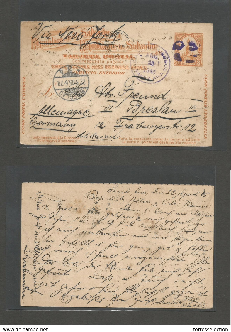 SALVADOR, EL. 1905 (22-23 April) Santa Ana - Germany, Breslau (22 May) Via NYC. 3c Orange Stationary Card. Fine Used. Sc - El Salvador