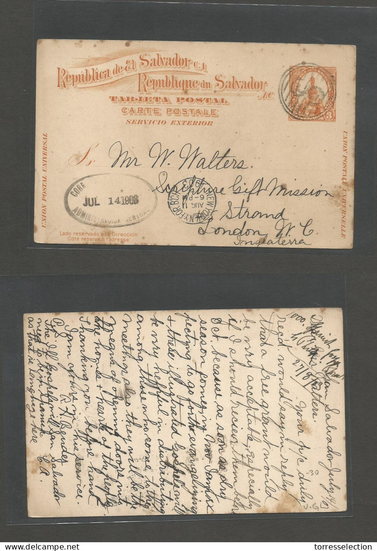 SALVADOR, EL. 1903 (14 July) S. Salvador - London, UK. 3 Cts Orange Stat Card. Scarce Circulated. - El Salvador