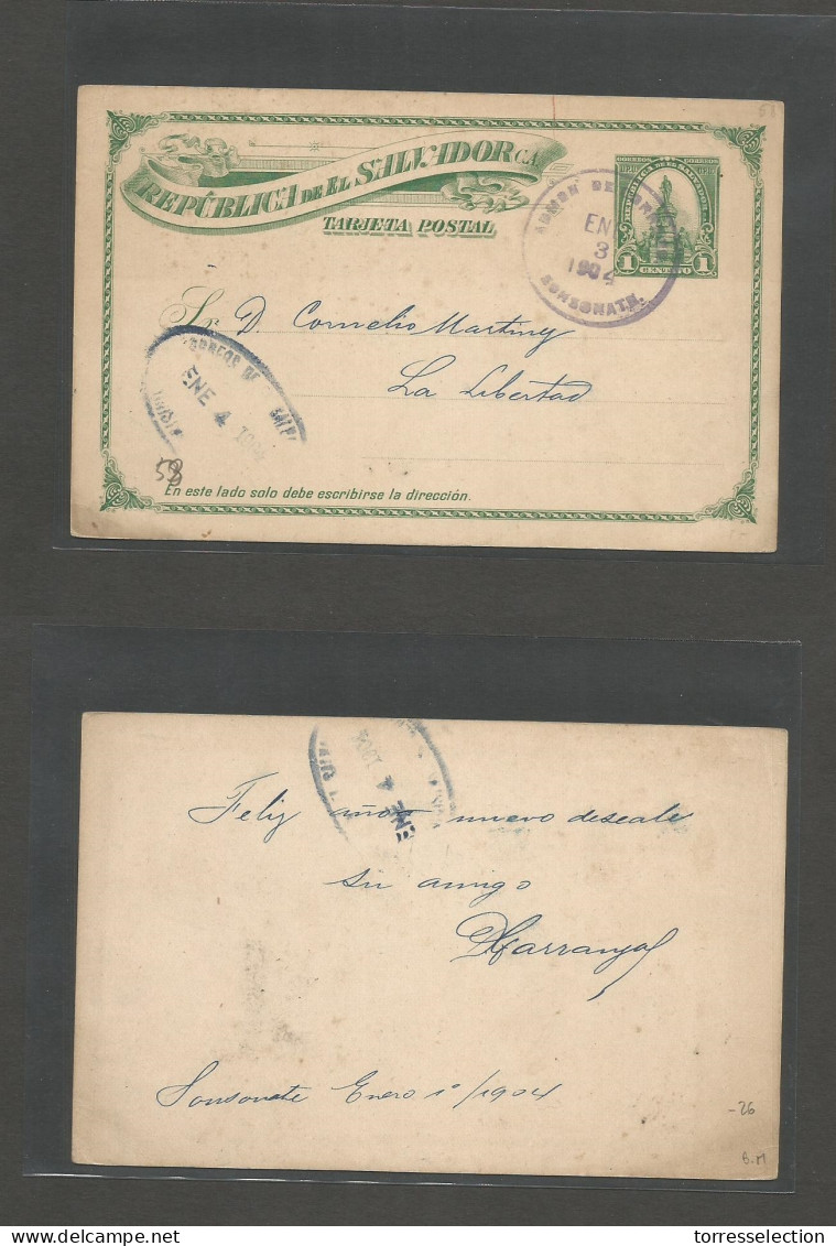 SALVADOR, EL. 1904 (3 Enero) Sonsonate - La Libertad 1c Green Stationary Card. Fine Used. - El Salvador