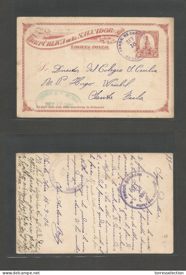 SALVADOR, EL. 1904 (15 Sept) Santa Ana - Santa Tula. 2c Red Local Stat Card, Fine Used. Reverse Nueva San Salvador (18 S - El Salvador