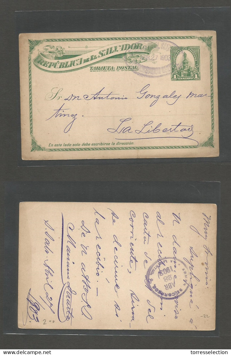 SALVADOR, EL. 1903 (27 April) SS - La Libertad 1c Green Stat Card, Oval Violet Cachet. Fine. - El Salvador