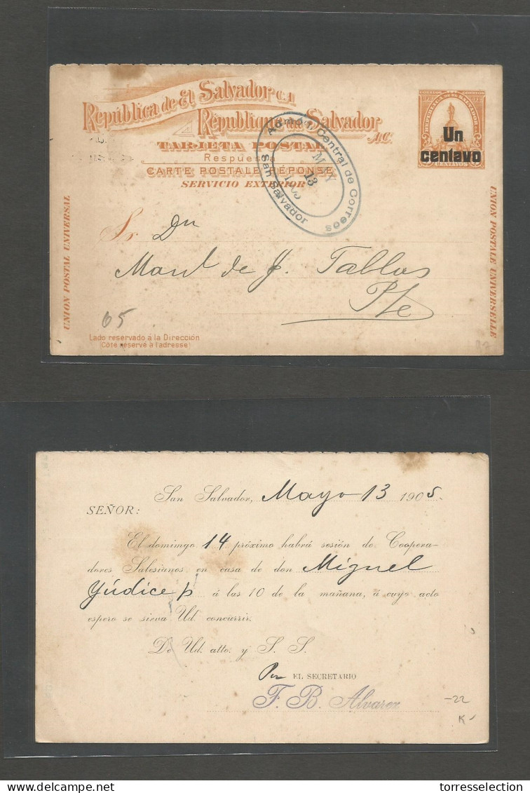 SALVADOR, EL. 1905 (13 May) S. Salvador Local 1c. 3c. Orange Overpriented Stat Card. Fine Used. - Salvador