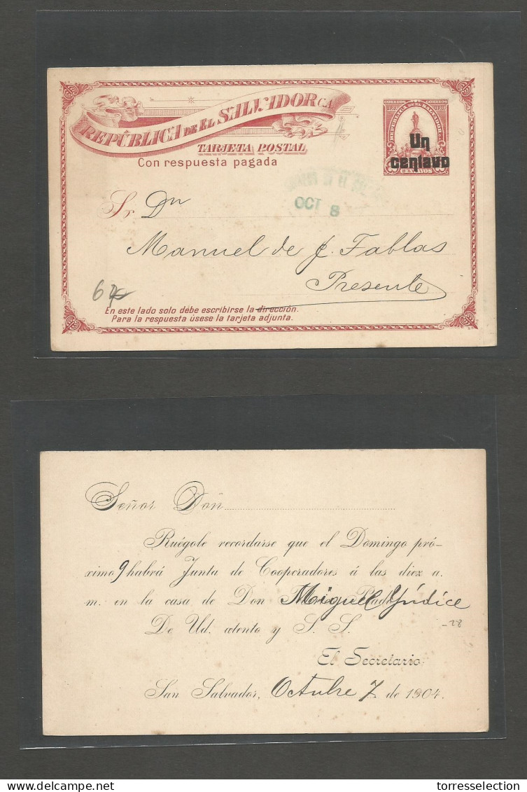 SALVADOR, EL. 1904 (7 Oct) S. Salvador Local 1c / 2c. Red Stationary Card. Fine Scarce Used. - El Salvador