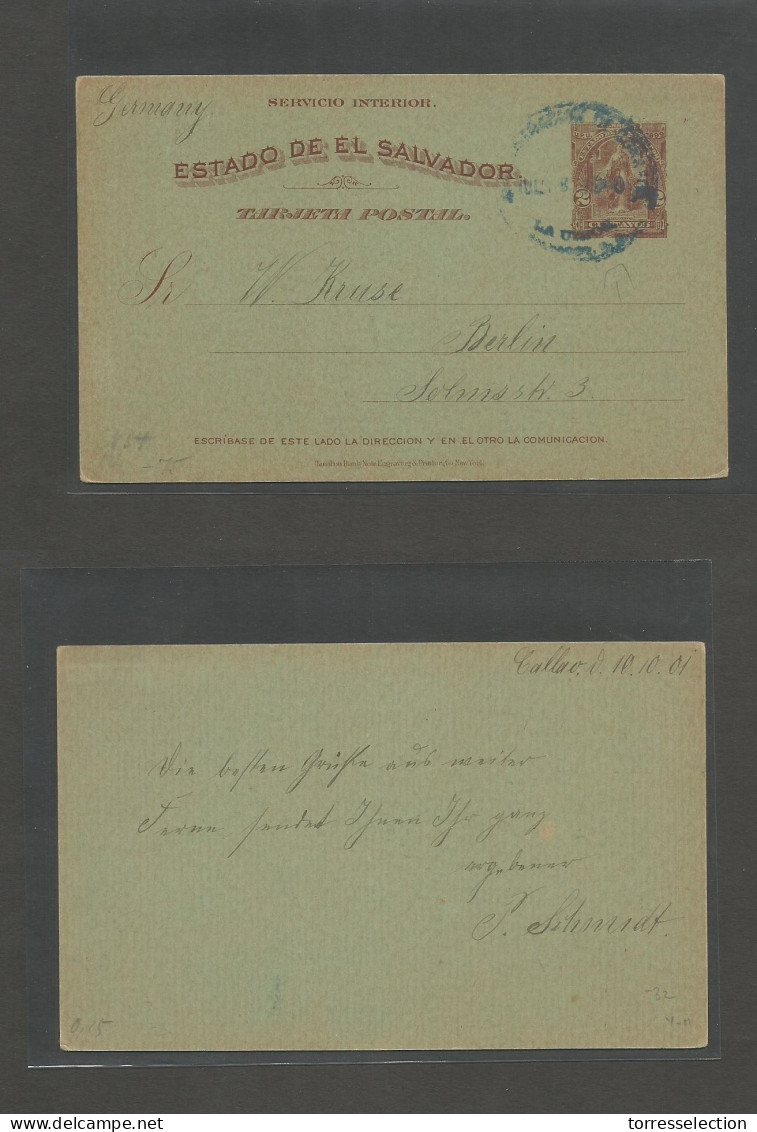 SALVADOR, EL. 1901 (10 Oct) Callao, La Union - Germany. 2c Brown Stat Card + Blue Depart Cds. Fine. - El Salvador