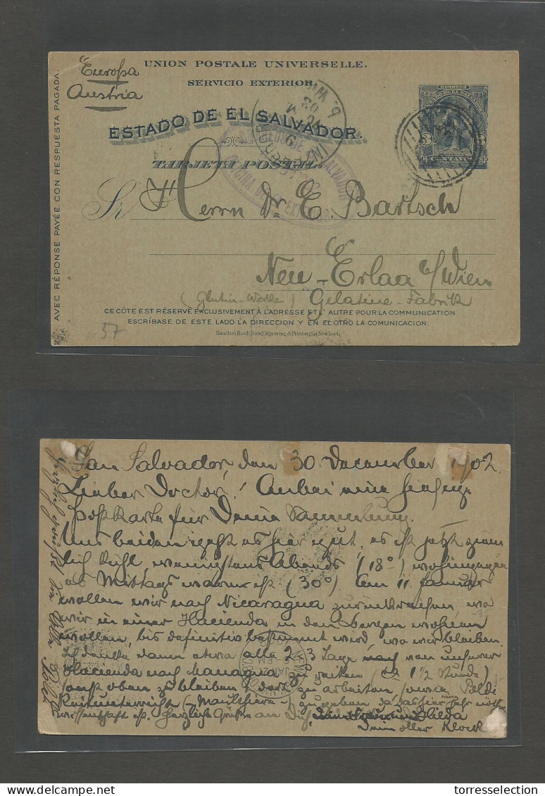 SALVADOR, EL. 1902 (31 Dec) S. Salvador - Austria, Wien (1903) 9 Feb 3 Cts Blue /greysh Stationary Card. Very Fine Used. - El Salvador