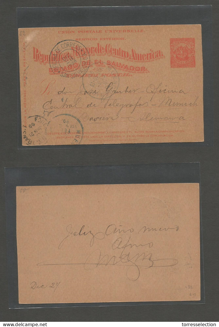 SALVADOR, EL. 1898 (28 Dic) GPO - Germany, Bayern, Munich (3 Febr) Via NYC (Jan 21, 99) 3cts Orange Red Stat Card. - El Salvador