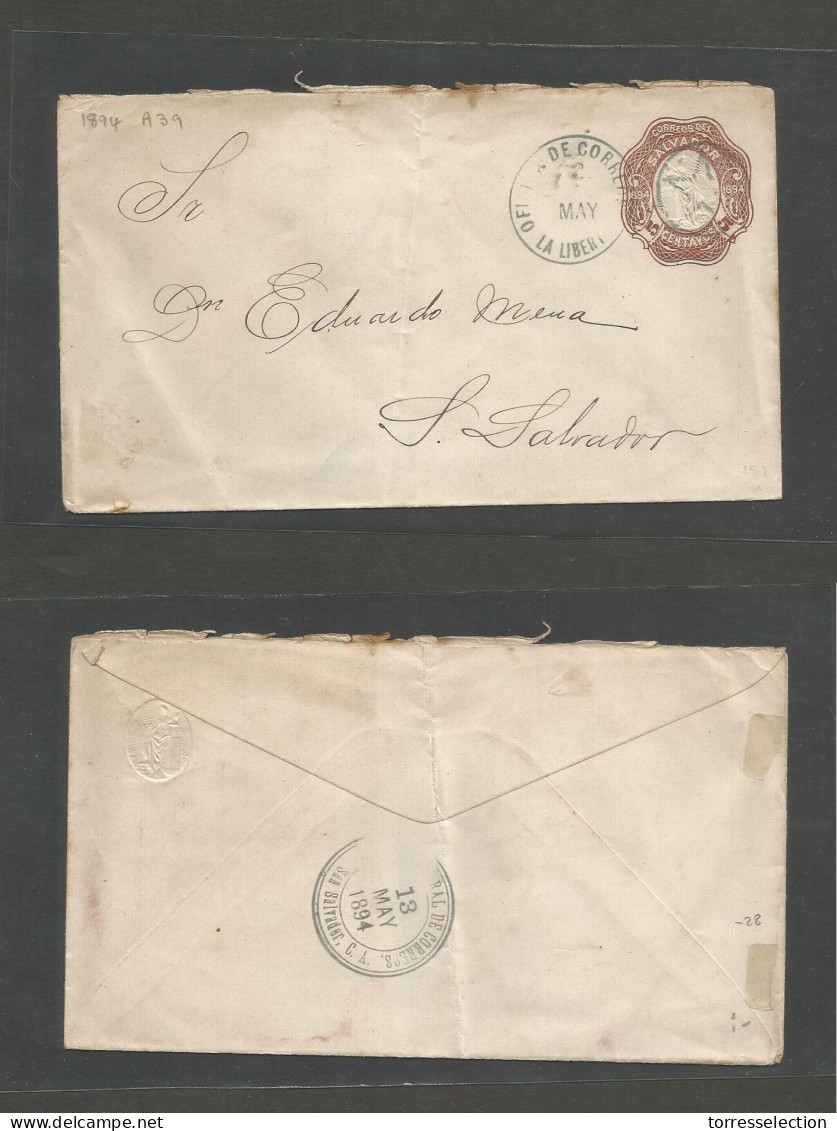 SALVADOR, EL. 1894 (11 May) La Libertad - S. Salvador (13 May) 5c Brown Embossed Stationary Envelope, Proper Cds Tat Can - Salvador