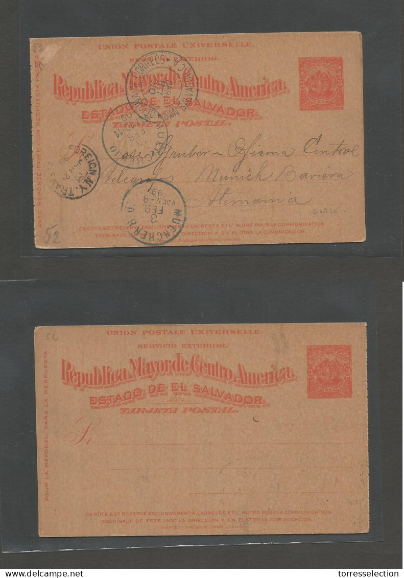 SALVADOR, EL. 1898 (28 Dic) GPO - Germany Munich (3 Feb) Via NYC (21 Jan 99) 3 Cts Orange Red Unservered Double Stationa - Salvador