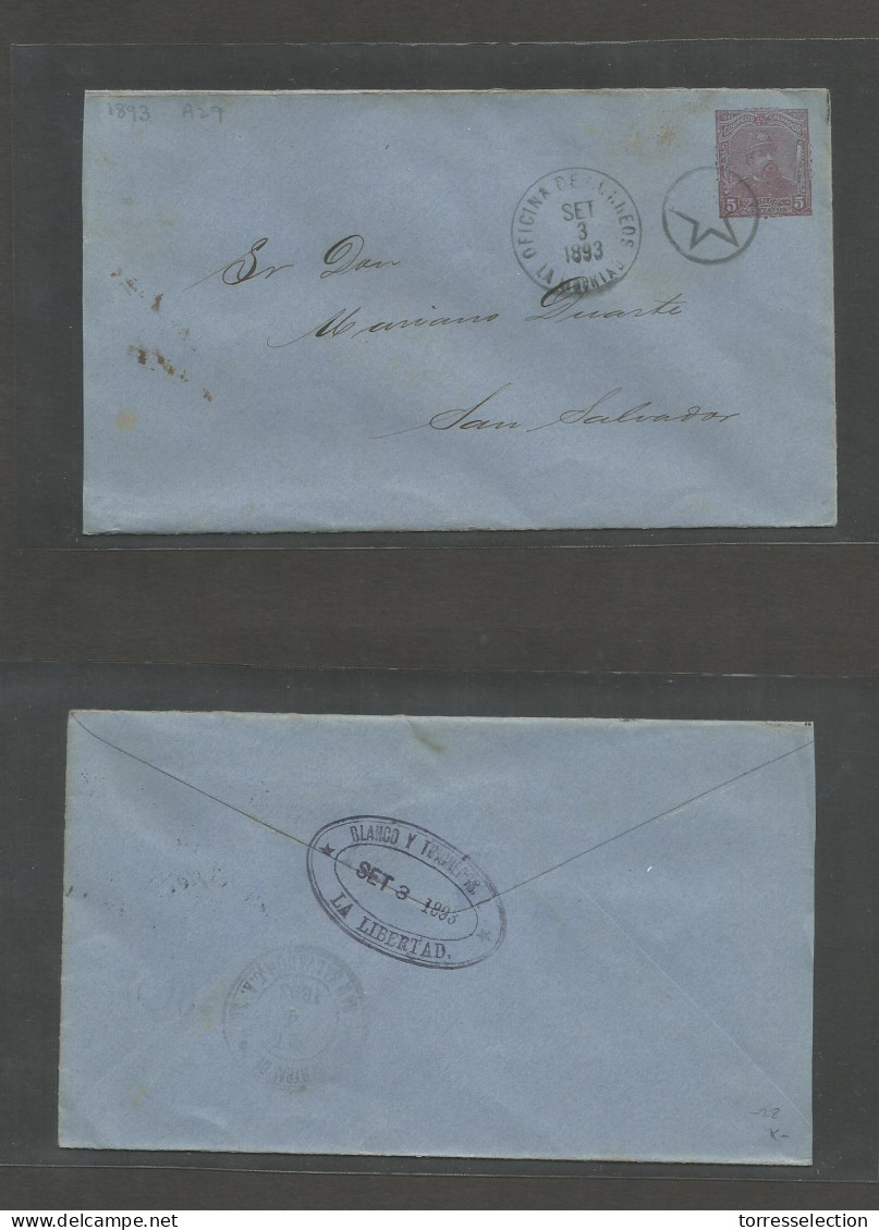 SALVADOR, EL. 1893 (3 Sept) La Libertad - S. Salvador (4 Sept) 5c Lilac / Bluish Stationary Envelope. Ezeta Issue. XF. - El Salvador