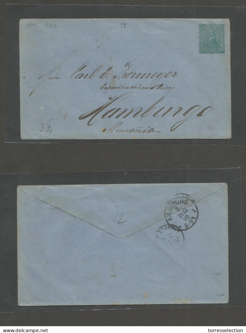 SALVADOR, EL. 1893. GPO - Germany, Hamburg (21 Dec) Via NYC (11 Dec) 20c Green/bluish Stationary Envelope. Fire Brigade  - El Salvador