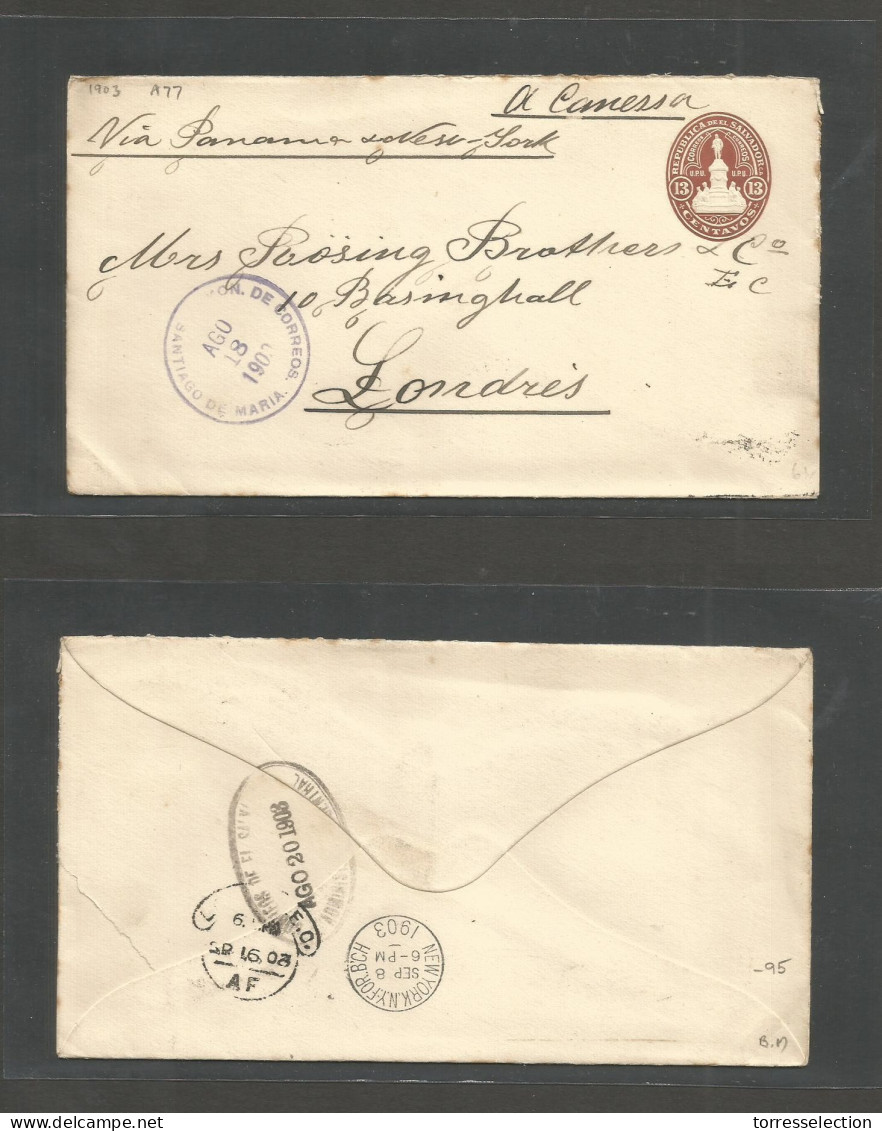 SALVADOR, EL. 1903 (18 Ago) Santiago De Maria - UK, London (16 Sept) 13c Brown Stationary Envelope Via Panama - NYC (8 S - Salvador