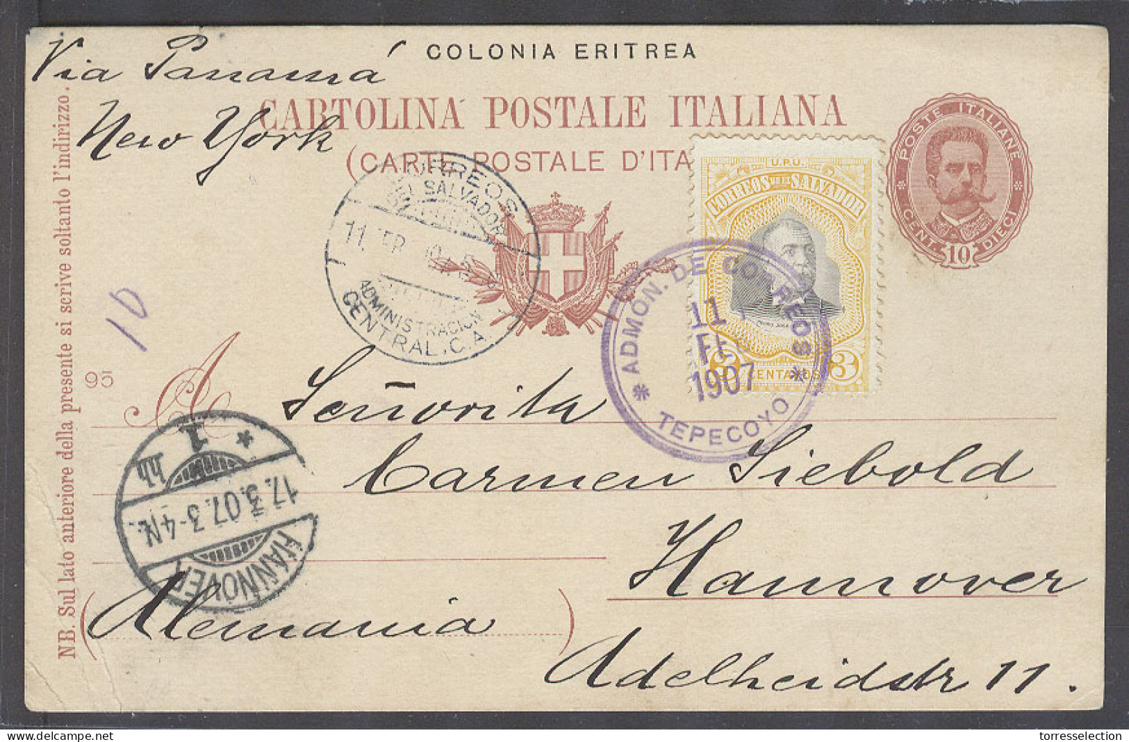 SALVADOR, EL. 1907 (11 Feb). Tepecoyo - Germany (17 March). Italy Eritrea Stat Ovptd Card Fkd At This Village. VF Nice M - Salvador