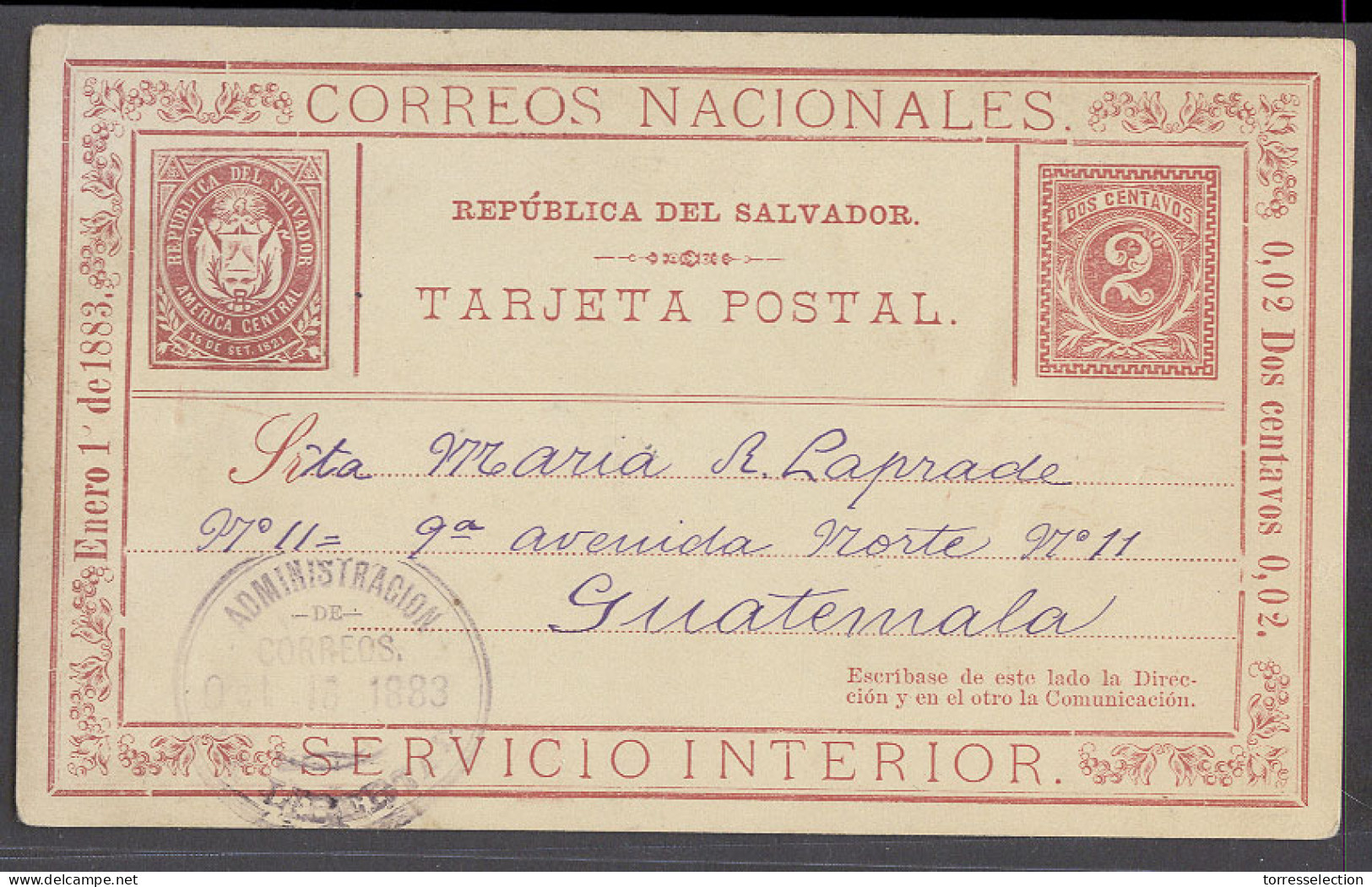 SALVADOR, EL. 1883 (18 Oct). Libertad - Guatemala. 2c Red Early Stat Card Violet Cds. Xtraord Rare Proper Early Usage On - Salvador