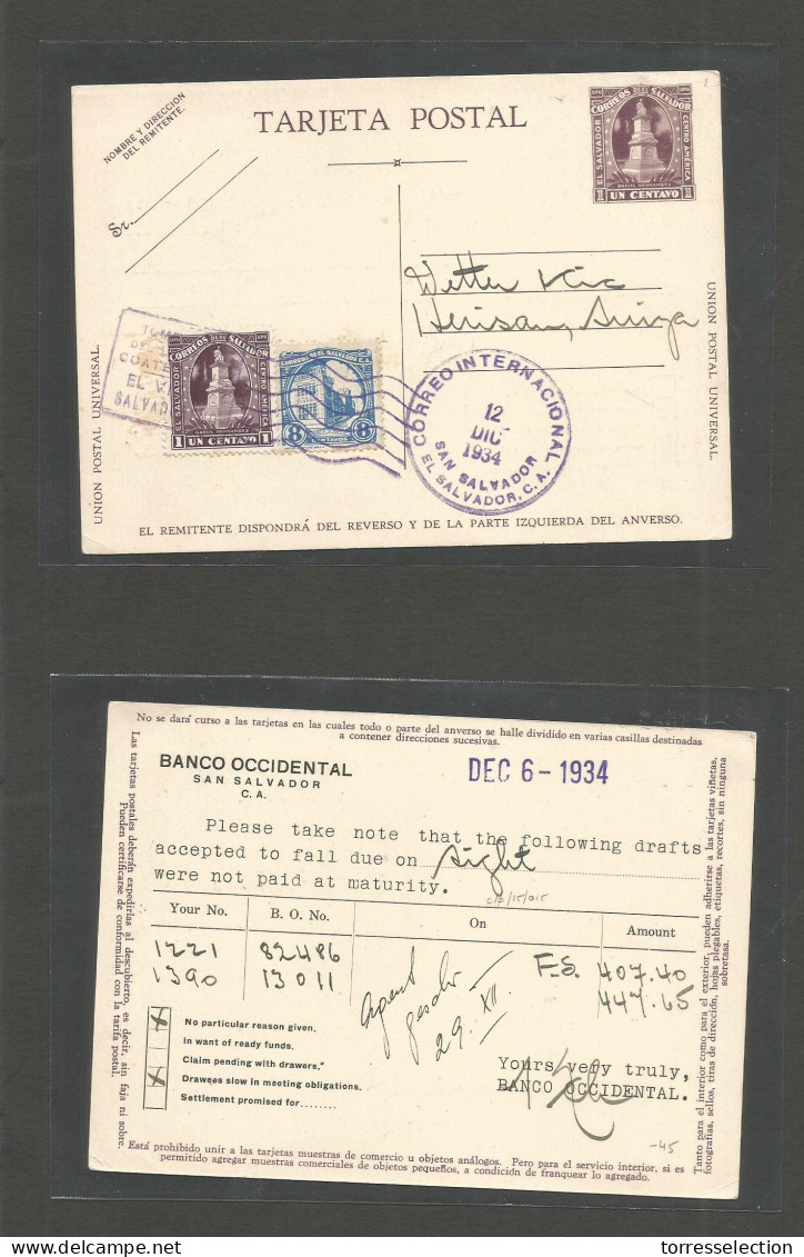 SALVADOR, EL. 1934 (6-12 Dec) S. Salvador - Swizerland, Herisan. 1c Lilac Stat Card + 2 Adtls, Slogan Café Advert Cachet - Salvador