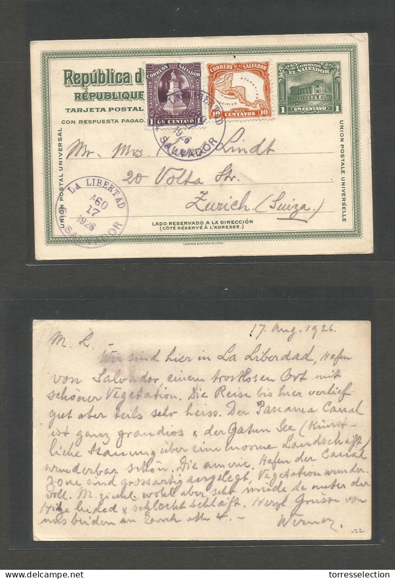 SALVADOR, EL. 1926 (17 Aug) La Libertad - Switzerland, Zurich. 1c Green Stationary Card + 2 Adtls. VF Usage + Condition. - El Salvador