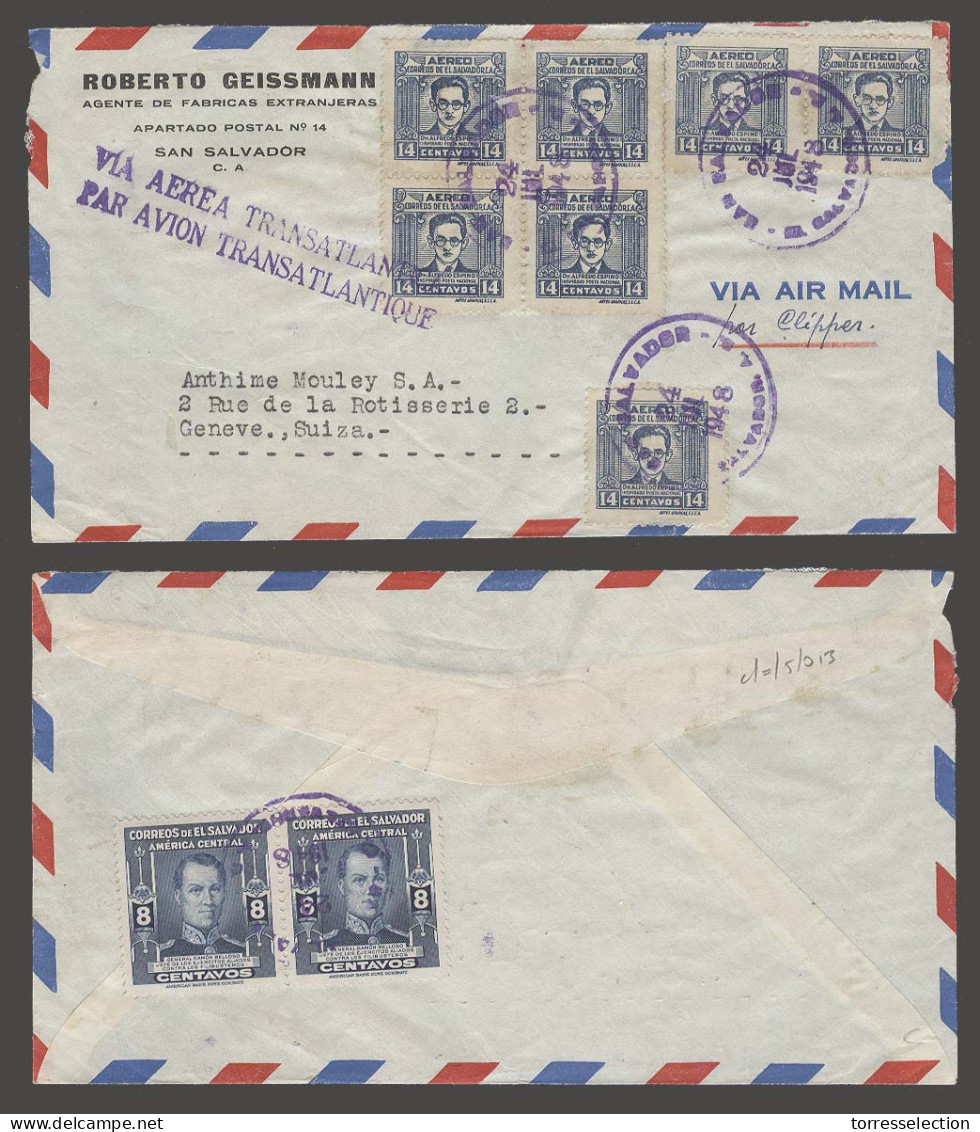 SALVADOR, EL. 1948 (24 July). SS - Switzerland. Air Multifkd Env Air Cachet Par Avion Transatlantique Via Clipper. VF. 1 - Salvador