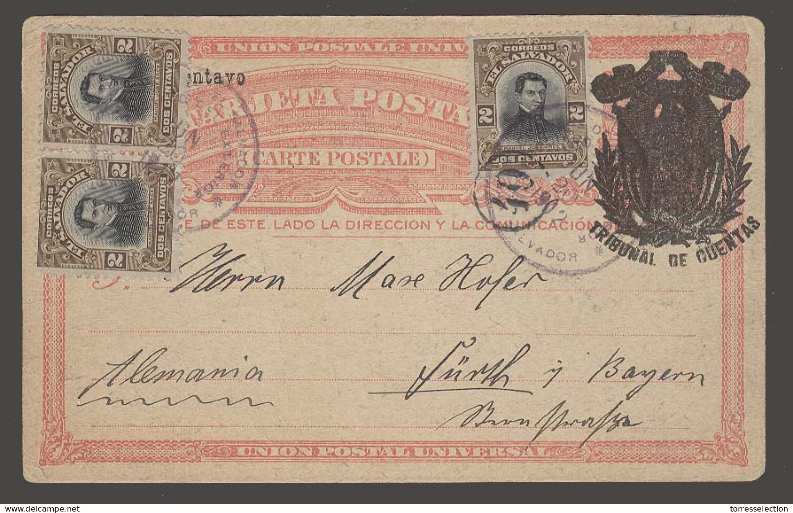 SALVADOR, EL. 1912 (20 Junio). SS - Germany. Official Shield Ovptd Stat Card + 3 Adtls 2c Stamps Cds. V Scarce Overseas  - El Salvador