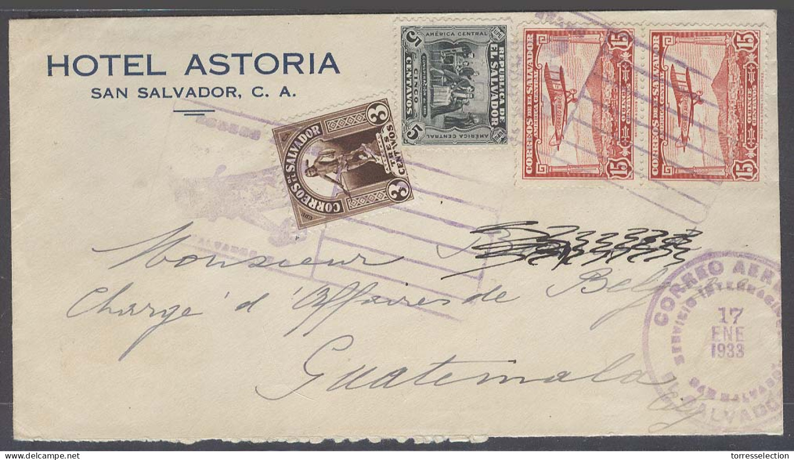 SALVADOR, EL. 1933 (17 Anero). Salvador - Guatemala (18 Enero). Air Flight Multifkd Env. Addressed To Belgium Attached O - El Salvador