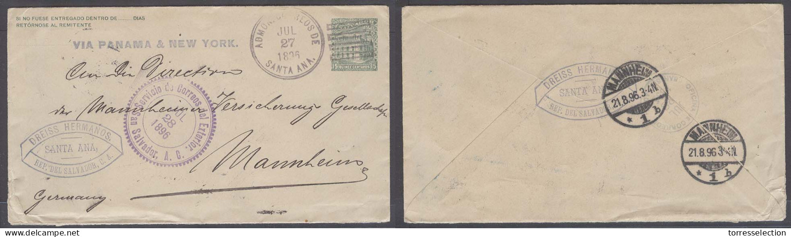 SALVADOR, EL. 1896 (27 July). S A - Germany. 5c Green Stat Env Plenty Cachets On Frnt Incl Via Panama & NY. VF Item. - Salvador