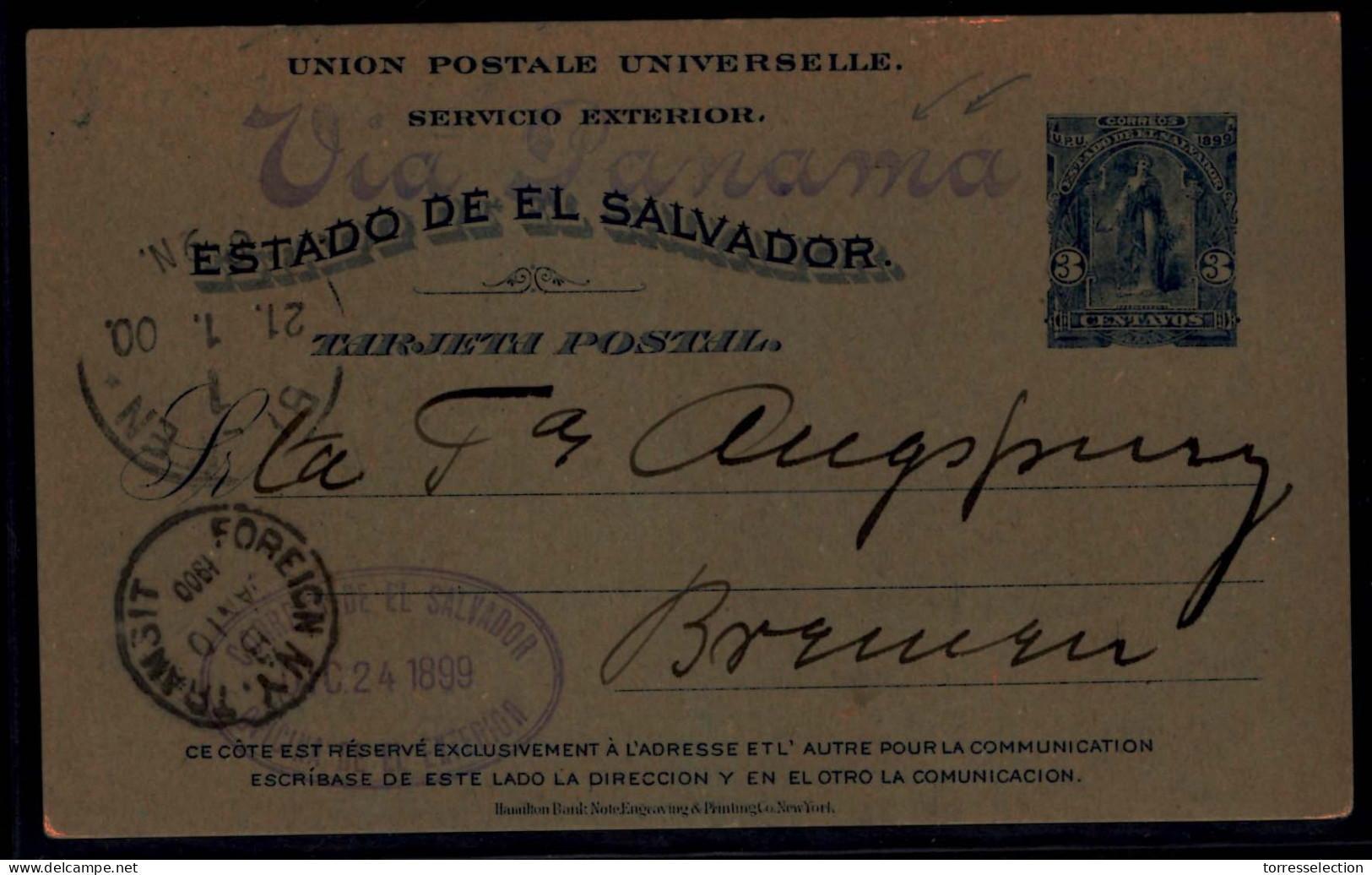 SALVADOR, EL. 1899 (24 Oct). SS - Germany (21 Jan). 3c Blue Stat Card Fine Used. Via NY Endorsed Via Panama Cachet. - Salvador