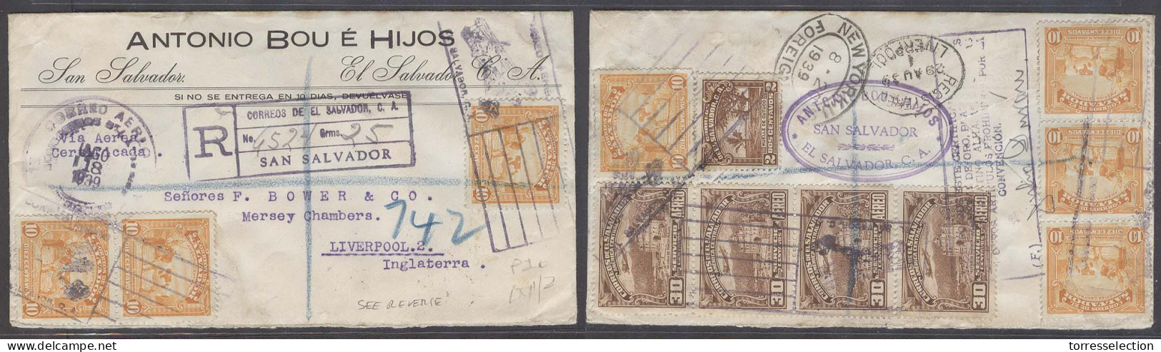 SALVADOR, EL. 1939 (18 Ago). SS - UK / Liverpool (29 Aug). Via NY (20 Aug). Special Censor Cachet Of Salvador On Reverse - Salvador