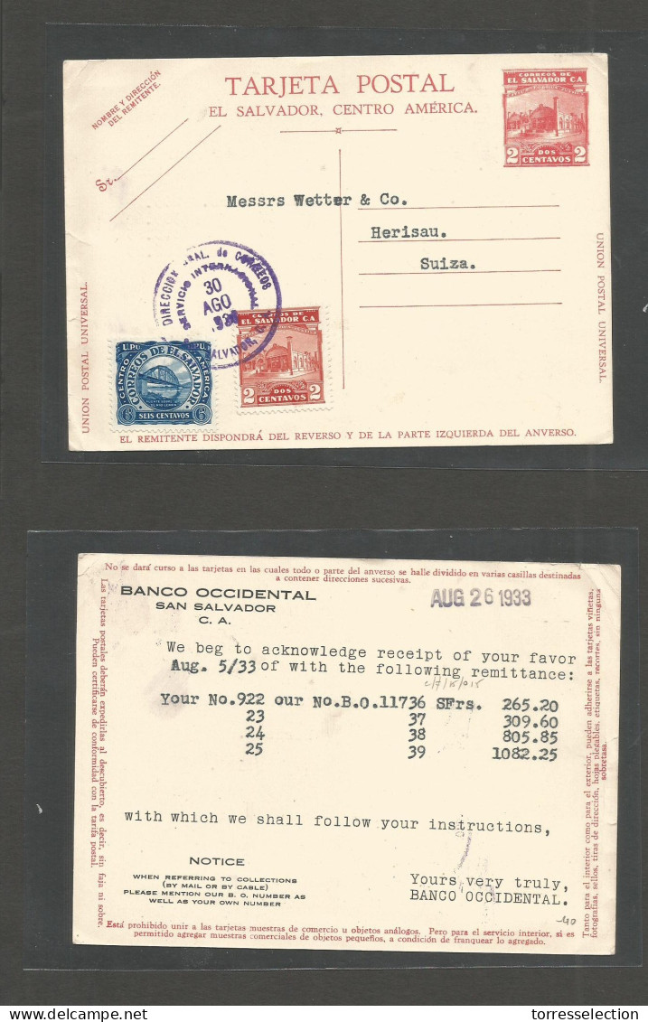 SALVADOR, EL. 1933 (26 Aug) S. Salvador - Switzerland, Herisau. 2c Red Stat Navy Card + 2 Adtls. VF Used. - El Salvador