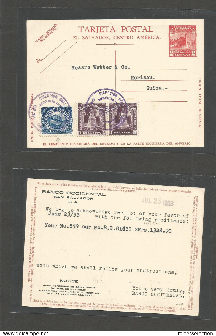 SALVADOR, EL. 1933 (25 July) S. Salvador - Switzerland, Herisau. 2c Red Stat Card + 3 Adtls Lilac Cds. VF. - El Salvador