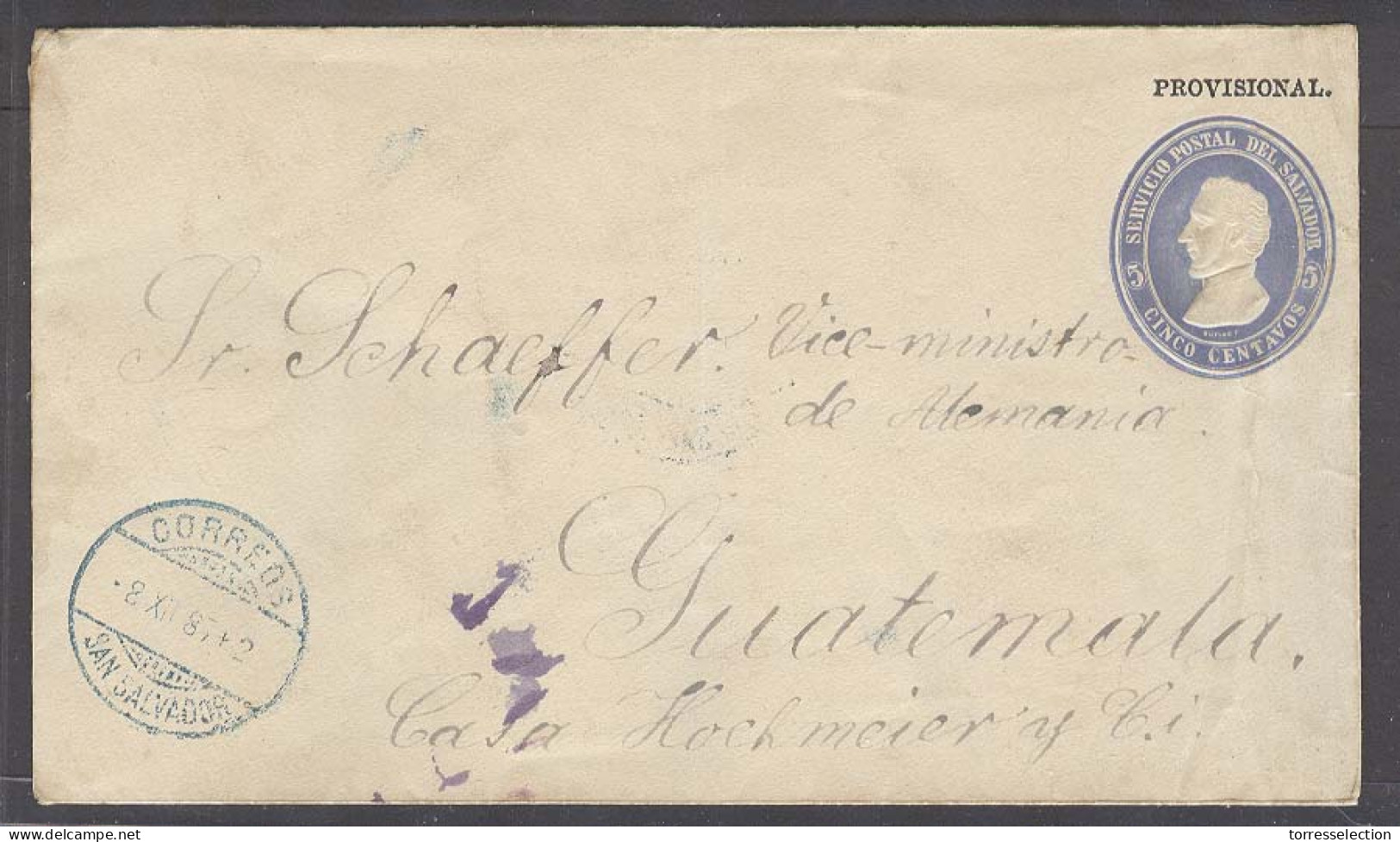 SALVADOR, EL. 1887 (8 Dec). SS - Guatemala. 5c Blue Provisional Stat Env Cds. VF Used Scarce Dest. - Salvador