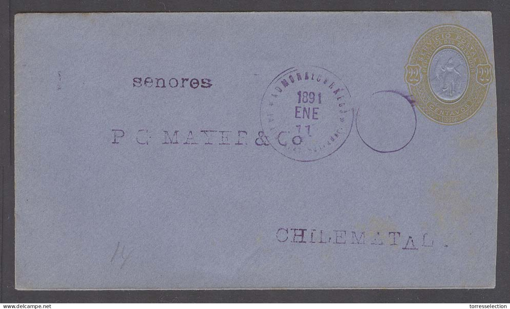 SALVADOR, EL. 1891 (11 Enero). La Libertad - Chile. 22c Yellow Blue Stat Env. Fine. - El Salvador