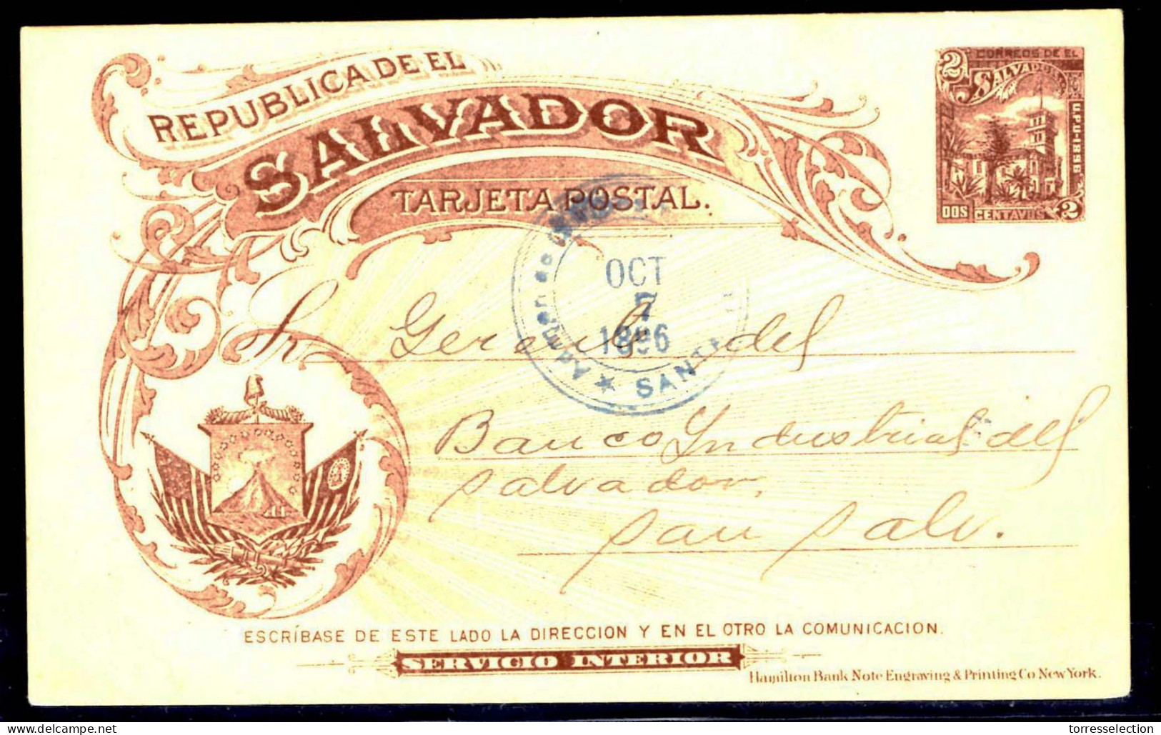 SALVADOR, EL. 1896 (7 Oct). S Ana - SS (8 Oct). 2c Brown Stat Card V Scarce Used. Proper Comercial Text. - Salvador