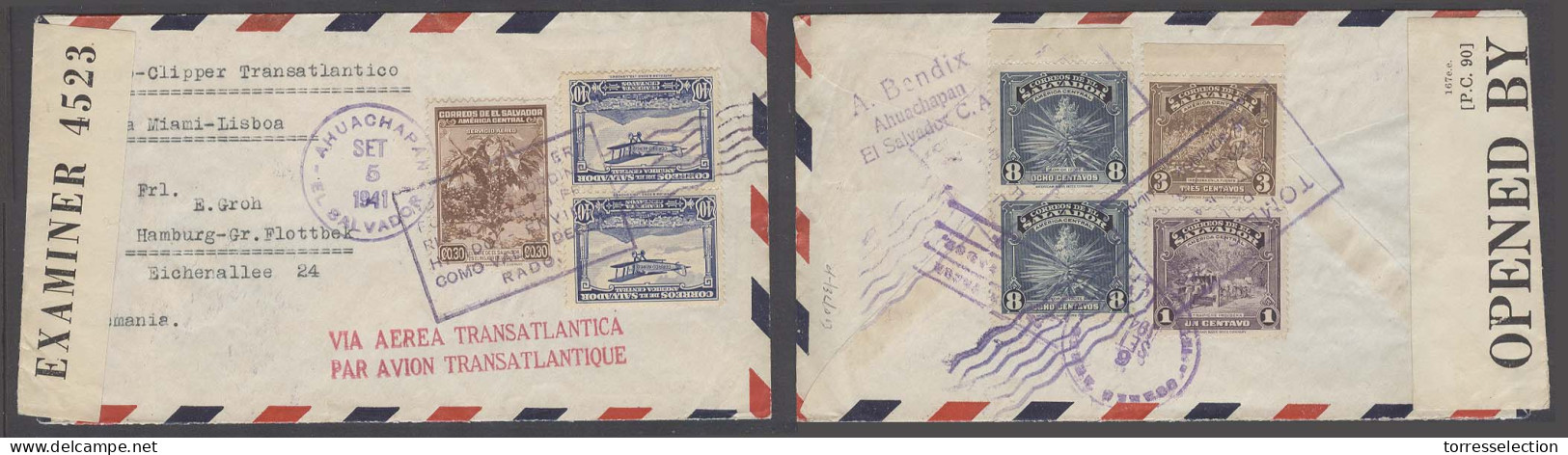 SALVADOR, EL. 1941 (5 Sept). Ahuachapan - Germany. Air Multifkd Env Slogan Cachet + USA Clipper Atlantic. Via Miami - Li - El Salvador