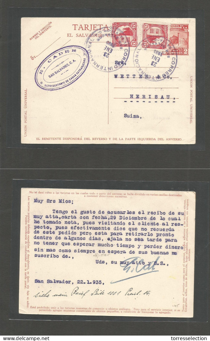 SALVADOR, EL. 1935 (23 Jan) S. Salvador - Swizerland, Herisau 2c Red Stationary Card + 2 Adtls, Cds. VF + Scarce Usage. - El Salvador