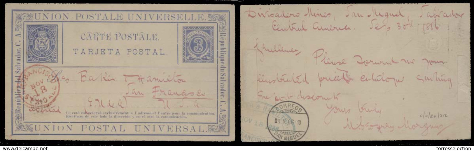 SALVADOR, EL. 1886 (30 Sept). Divisadero Mines / San Miguel - USA / San Francisco (18 Nov). Xtraord Rare Early Small Are - El Salvador