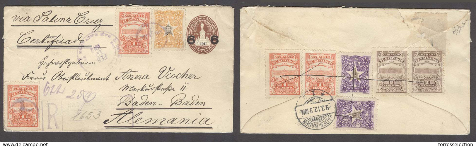 SALVADOR, EL. 1912 (19 Feb). S Salvador - Germany (9 March). Reg Multifkd 6c UPU Brown Ovtd Stat Env + 9 Adtl Stamps + A - El Salvador