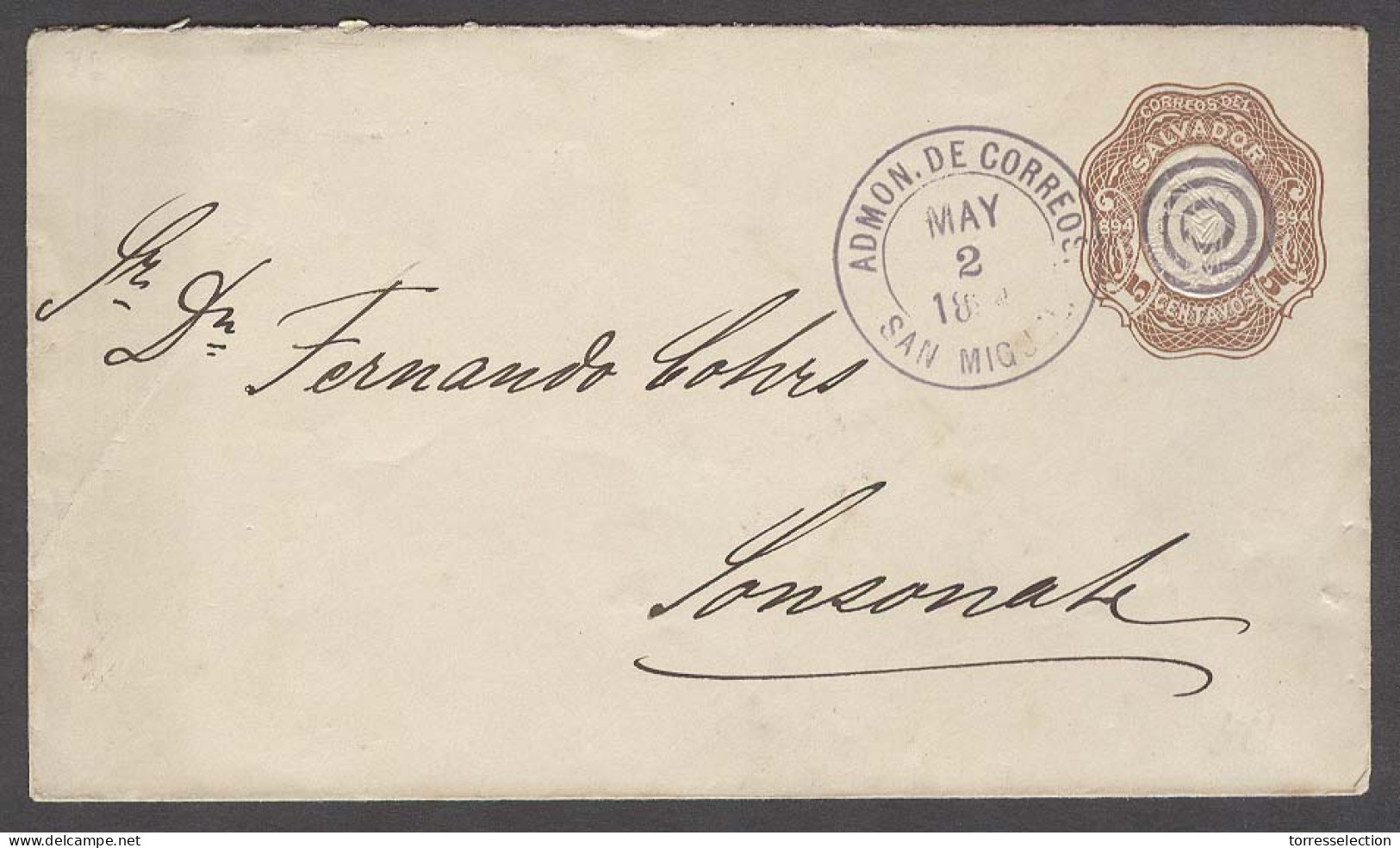 SALVADOR, EL. 1894. San Miguel - Sonsonate. 5c Brown / Beige Paper Stat Env. Fine Used. - Salvador